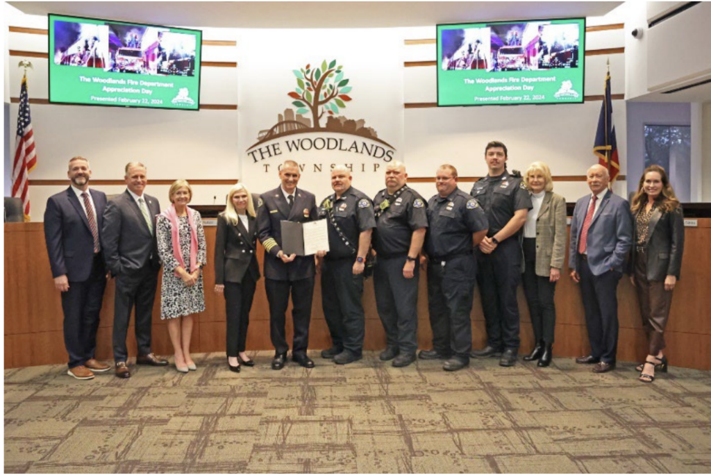 The Woodlands Township Board of Directors
recognized The Woodlands Fire Department for
their bravery and effectiveness in a recent fivealarm fire. From left, Vice Chairman Kyle Watson,
Director Brad Bailey, Secretary Linda Nelson,
Chairman Dr. Ann K. Snyder, Fire Chief Palmer
Buck, Drive/Operator John Fuller, Firefighter
Ricky Smith, Lt. Scott Geminden, Firefighter Travis
Clifford, Director Dr. Shelley Sekula-Gibbs,
Treasurer Richard Franks and Director Cindy
Heiser.